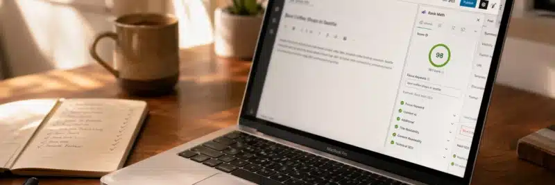 Laptop on a warm walnut home office desk displaying the Rank Math full green SEO checklist alongside a handwritten checklist notebook as part of an on-page SEO checklist for bloggers