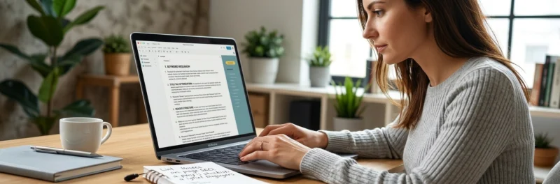 Female blogger reviewing an on-page SEO checklist for bloggers while editing a blog post