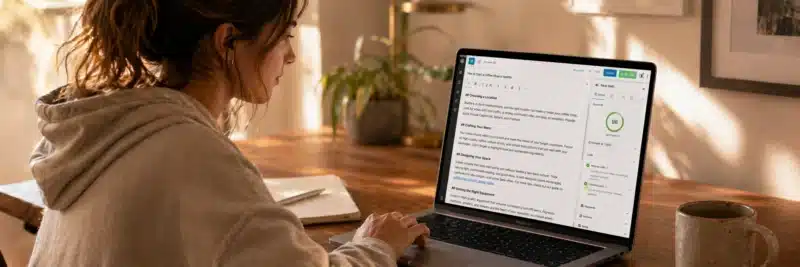 Woman in casual home working clothes at a warm walnut home office desk with laptop showing WordPress editor with internal links highlighted and Rank Math panel showing green ticks for link checks as part of on-page SEO for bloggers