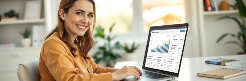 Woman reviewing blog income and traffic on a laptop in a bright home office.