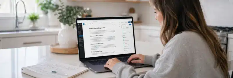 Woman in casual clothes at a bright white kitchen island with laptop showing a long-form WordPress pillar post with internal links and Rank Math green score as part of a pillar and cluster content strategy