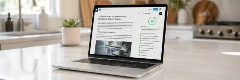Laptop on a bright white kitchen island displaying the WordPress post editor with Rank Math panel showing a score of 92 and a fully completed green checklist as the result of correct Rank Math configuration
