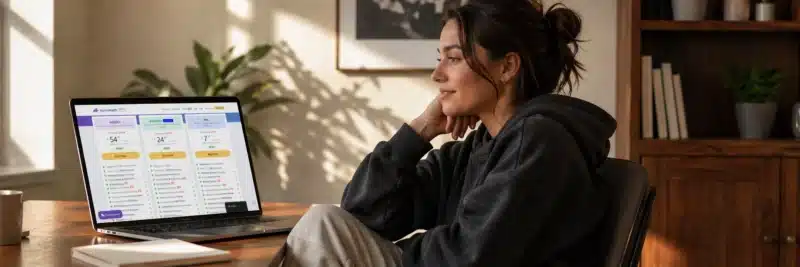 Woman in casual home working clothes at a warm walnut home office desk with laptop showing the Rank Math pricing page with Free and Pro plan comparison as part of a Rank Math free vs pro review