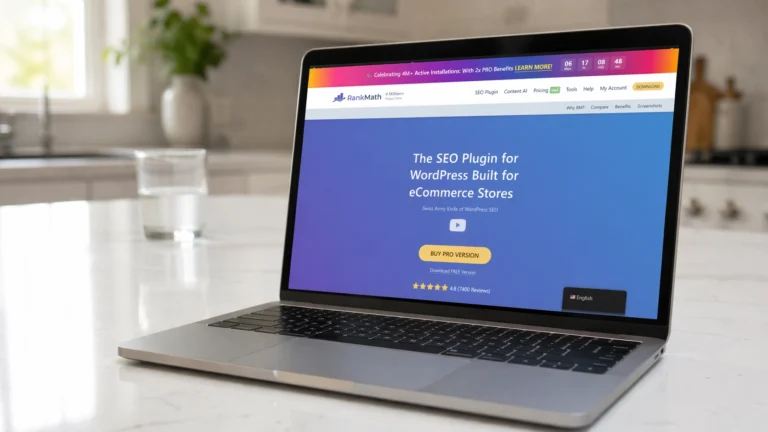 Laptop on a bright white kitchen island displaying the Rank Math SEO plugin homepage screen.