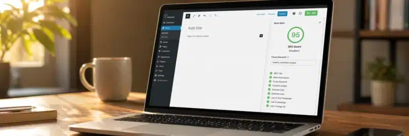 Laptop on a warm walnut home office desk displaying the Rank Math SEO plugin panel with a high green score of 95 and a fully completed checklist as part of a detailed Rank Math review