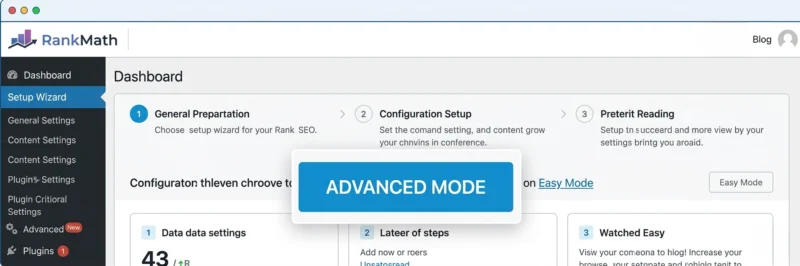 Screenshot of the Rank Math setup wizard dashboard, with the 'Advanced Mode' option clearly highlighted.