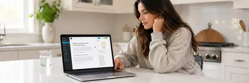 Woman in casual clothes at a bright white kitchen island with laptop showing the Rank Math SEO plugin checklist in progress with mixed green and amber indicators as part of a Rank Math SEO plugin review