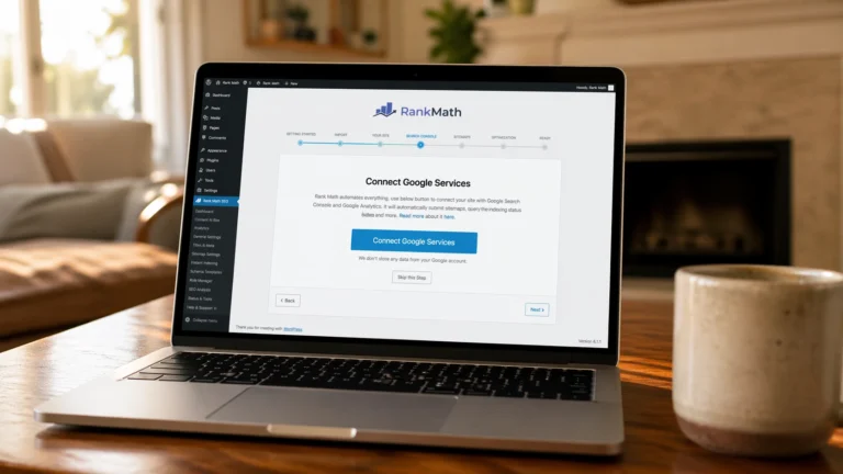 Laptop on a warm living room coffee table displaying the Rank Math plugin setup wizard with the Connect Google Services step visible as part of a Rank Math setup guide