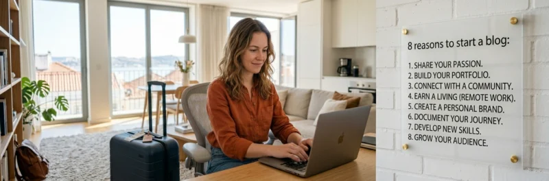 Woman working on a laptop while traveling next to a sign reading reasons to start a blog.