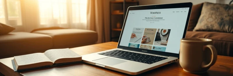 Laptop on a warm living room coffee table displaying a live WordPress blog homepage with published posts visible as an introduction to reasons to start a blog