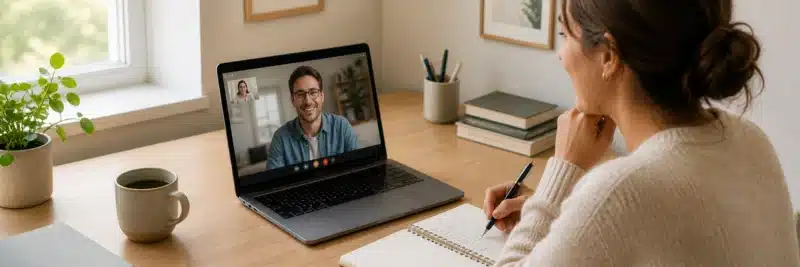 Remote bookkeeper on a video call with a client from a home office