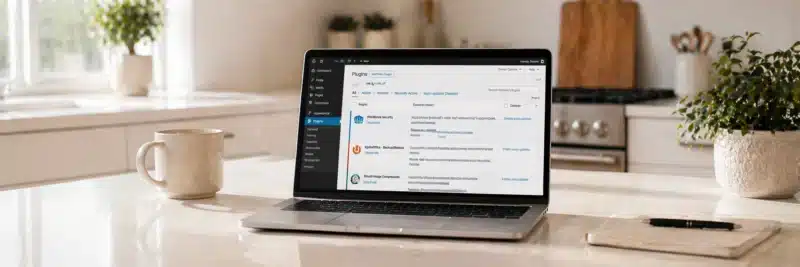 Laptop showing WordPress plugins dashboard with security and backup plugins installed for a secure WordPress blog setup