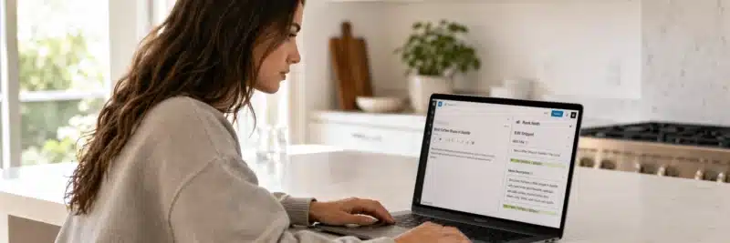 Woman in casual clothes at a bright white kitchen island with laptop showing the Rank Math Edit Snippet panel with SEO title and meta description fields completed as part of an SEO checklist for blog posts