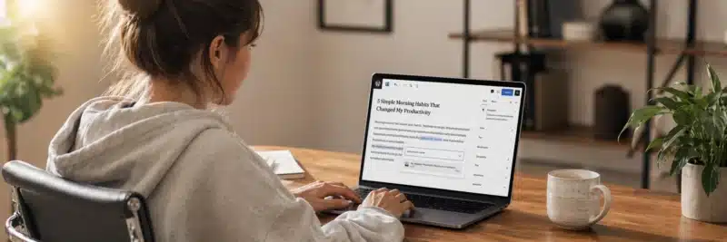 Woman in casual home working clothes at a warm walnut home office desk with laptop showing the WordPress Gutenberg editor with an internal link modal open adding a link to a new post as a way to speed up Google indexing