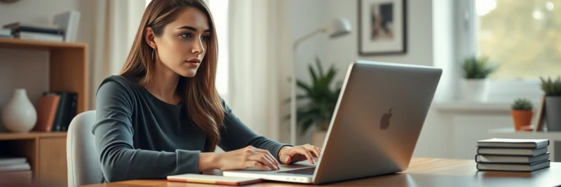 Woman preparing to publish her first blog post from a modern home office.