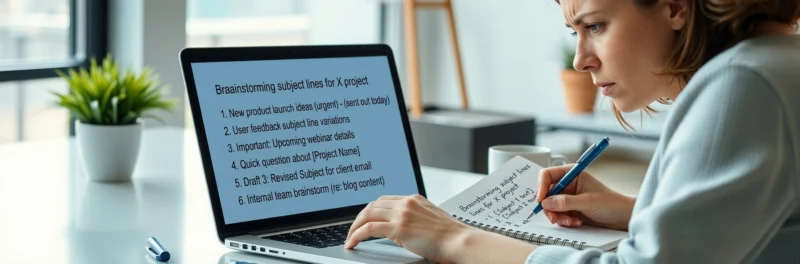 Woman brainstorming subject line examples for email campaigns with a laptop and notebook.
