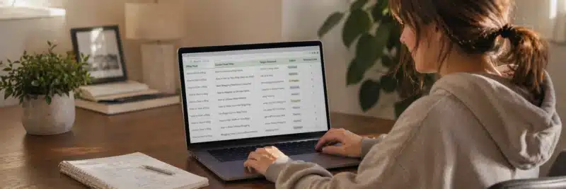 Woman in casual home working clothes at a warm walnut home office desk with laptop showing a topic cluster planning spreadsheet with pillar and cluster post titles and keywords as part of a topic clusters for bloggers guide