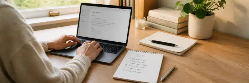 A typical work from home bookkeeper day — laptop and to-do list on a home desk