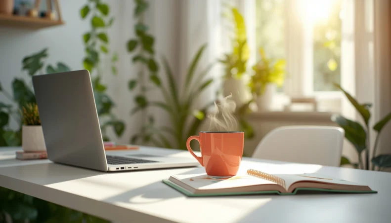 A bright and sun-drenched home office with plants and a laptop, representing the clarity and success achieved by avoiding common blogging mistakes.
