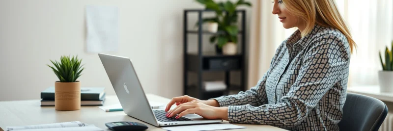 Woman handling reports invoices and bookkeeping tasks on a laptop for small business clients.