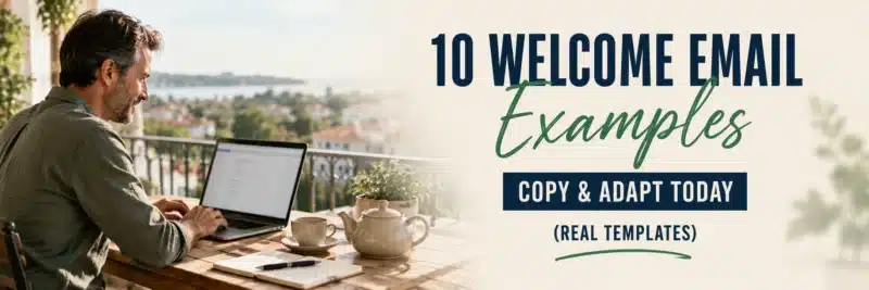 Man on a balcony reading through welcome email examples on his laptop