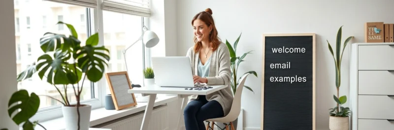 A woman in a sun-drenched office next to a sign that says welcome email examples.