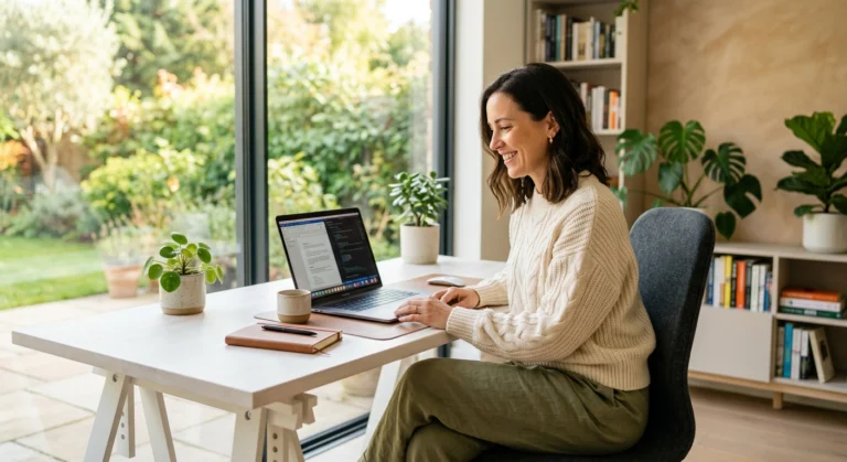 A woman working comfortably in a bright home office, smiling at her successful email marketing automation.