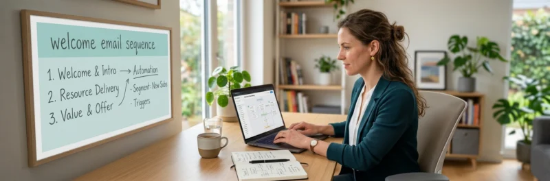 Professional woman building a welcome email sequence on a laptop in a bright home office.