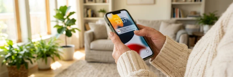 A woman checking a high-engagement welcome email on her phone in a bright room.
