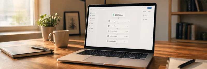Laptop showing an email automation workflow with a 5 email welcome email sequence set up