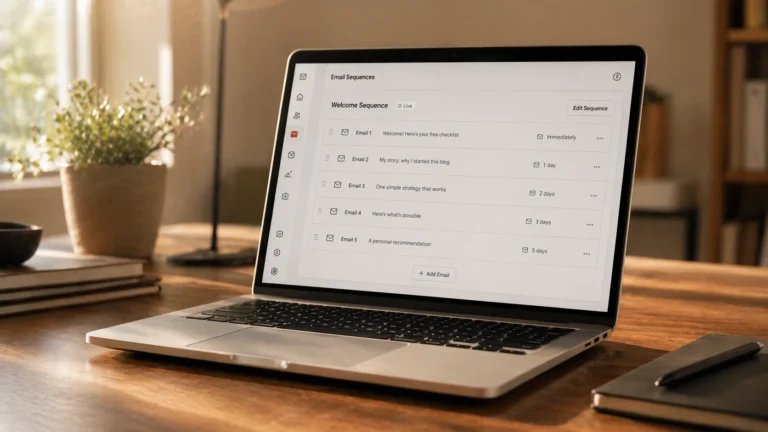 Laptop on a home office desk displaying an email marketing dashboard with a welcome email sequence automation and multiple emails scheduled