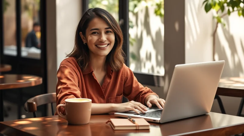 A friendly creator in a terracotta shirt working on her automated welcome email sequence.