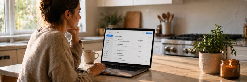 Woman at kitchen island with laptop showing email inbox filled with welcome emails from different brands