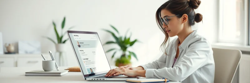 Woman learning what is email marketing on a laptop in a bright modern workspace.