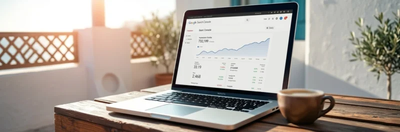 Laptop open on a sunlit Mediterranean terrace displaying a Google Search Console performance report with an upward trending graph showing why blogging is worth it in 2026