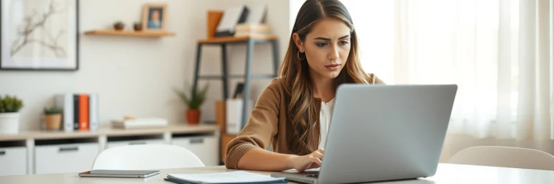 Woman carefully reviewing affiliate products before publishing blog recommendations from her home office.