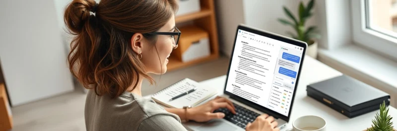 Woman using AI tools on a laptop to plan and write blog content in a bright home office.