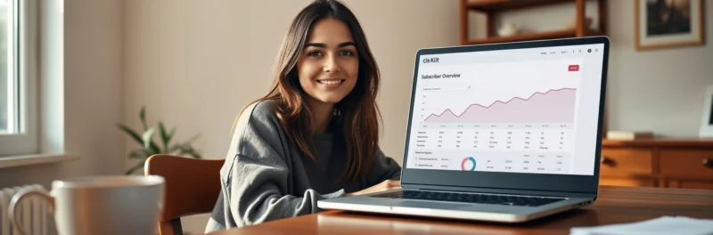Woman in casual clothes at a warm walnut home office desk with laptop showing a Kit ConvertKit email subscriber dashboard with a steadily growing list as one of the key reasons why start a blog