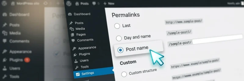 Screenshot of the WordPress Permalinks dashboard, highlighting the 'Post name' structure selected.
