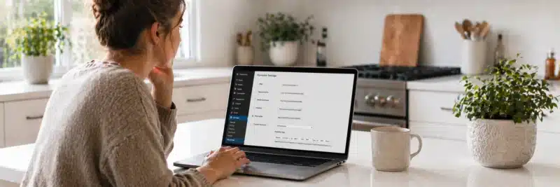 Woman at kitchen island with laptop showing WordPress permalink settings page configured correctly