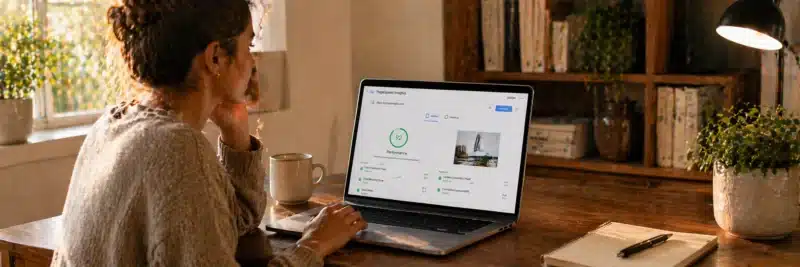 Woman at desk with laptop showing Google PageSpeed Insights results as part of WordPress technical configuration