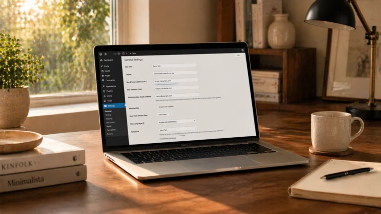 Laptop on a home office desk displaying the WordPress dashboard settings as part of a technical setup guide