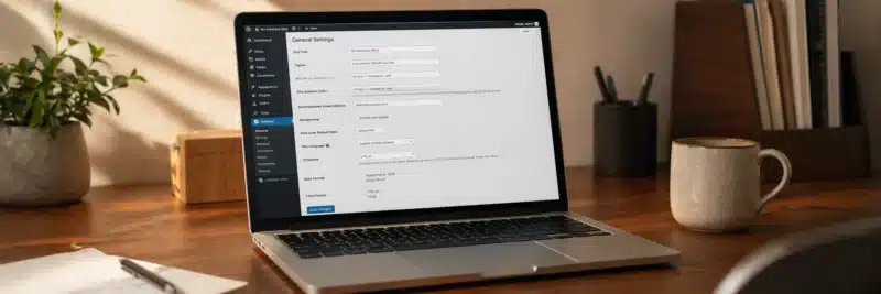 Laptop showing WordPress dashboard settings as part of a technical setup guide for bloggers