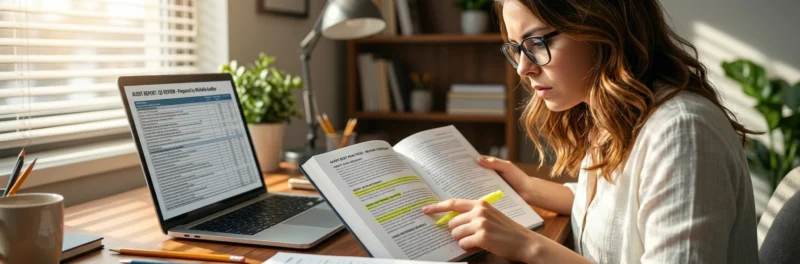 Photo of a woman at a bright wooden desk holding a physical manual while looking at her open laptop.