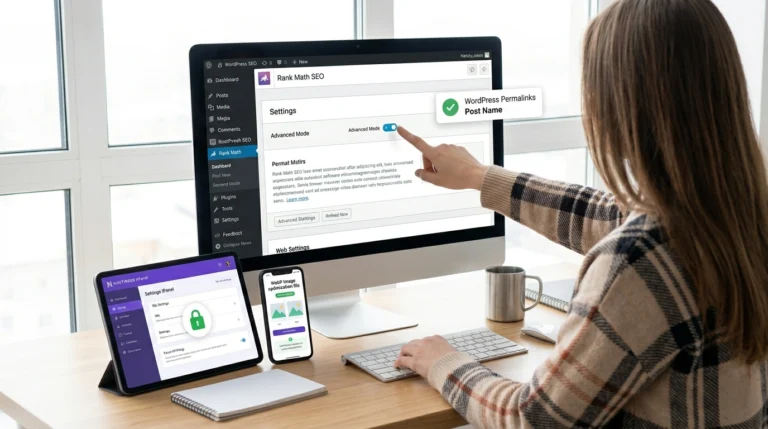 A close-up mid-shot showing a woman in a plaid cardigan pointing at a desktop monitor. All screens (monitor, tablet, smartphone) have distinct, readable text displaying technical settings.