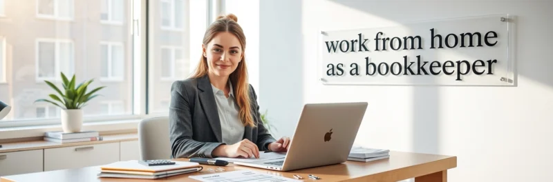 Professional woman working from home as a bookkeeper in a bright home office with financial tools and laptop.