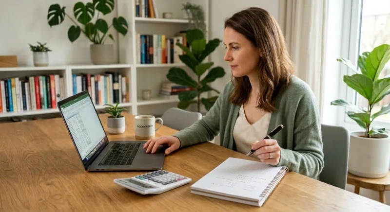 A virtual bookkeeper using a professional calculator and ledger while working from home.