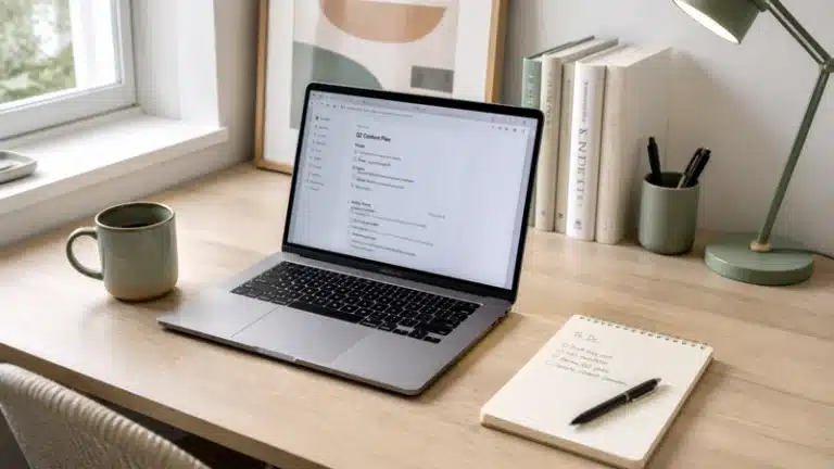 Work from home bookkeeper setup — laptop and organized desk workspace
