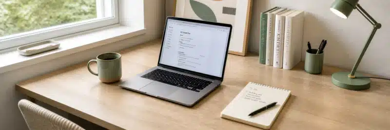 Work from home bookkeeper setup — laptop and organized desk workspace