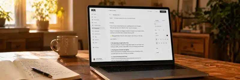 Laptop on a warm walnut home office desk displaying the Kit ConvertKit email composition window with a newsletter being written alongside a handwritten ideas list as a hero image for 25 newsletter content ideas